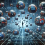 Bańki informacyjne. Człowiek otoczony bańkami informacyjnymi symbolizującymi zjawisko baniek filtrowych w internecie.