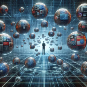 Bańki informacyjne. Człowiek otoczony bańkami informacyjnymi symbolizującymi zjawisko baniek filtrowych w internecie.