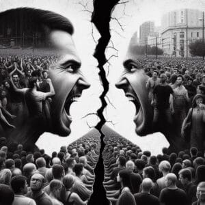 Polaryzacja społeczna jako czarno-białe pęknięcie dzielące na pół tłum ludzi i dwie wykrzykujące twarze, symbolizujące konflikt ideologiczny i podziały.
