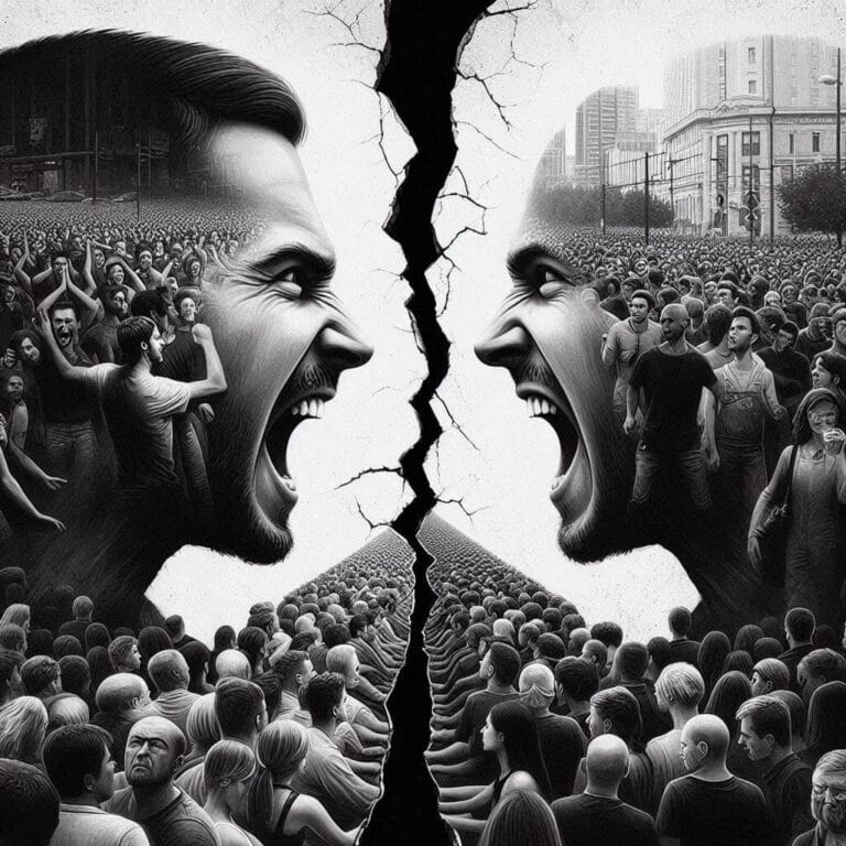 Polaryzacja społeczna jako czarno-białe pęknięcie dzielące na pół tłum ludzi i dwie wykrzykujące twarze, symbolizujące konflikt ideologiczny i podziały.