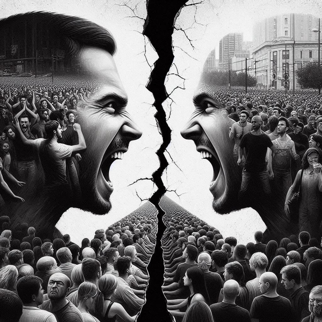 Polaryzacja społeczna jako czarno-białe pęknięcie dzielące na pół tłum ludzi i dwie wykrzykujące twarze, symbolizujące konflikt ideologiczny i podziały.