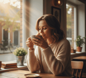 Kobieta spokojnie pije kawę w kawiarni, zamyślona, symbolizując filozofię slow life.