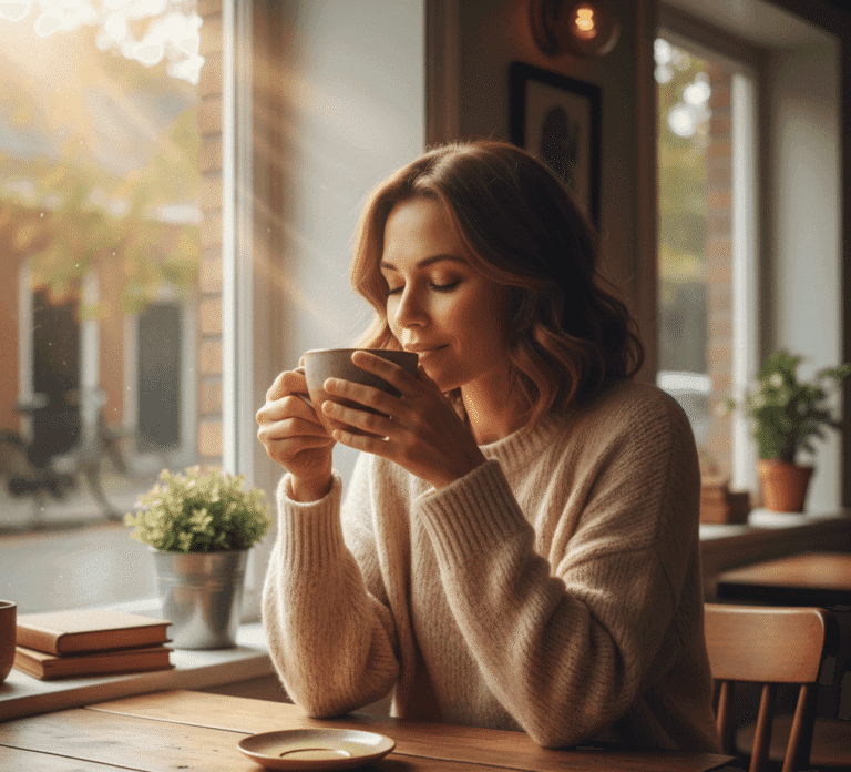 Kobieta spokojnie pije kawę w kawiarni, zamyślona, symbolizując filozofię slow life.