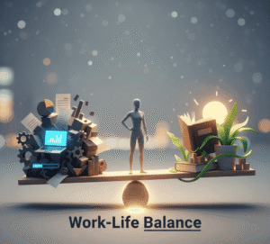 Ilustracja work-life balance: Sylwetka osoby na kładce między symbolami pracy (akta, laptop) a symbolami życia prywatnego (książka, słońce, roślina).