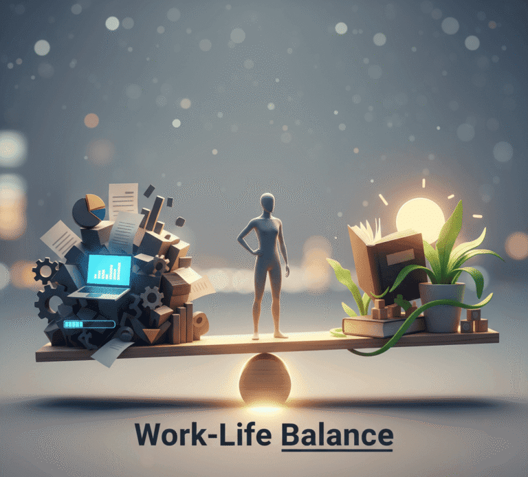 Ilustracja work-life balance: Sylwetka osoby na kładce między symbolami pracy (akta, laptop) a symbolami życia prywatnego (książka, słońce, roślina).
