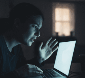 Młoda kobieta z wyrazem frustracji i zniechęcenia patrzy na świecący ekran laptopa w ciemnym pomieszczeniu, symbolizując kryzys w komunikacji wywołany przez **AI**.