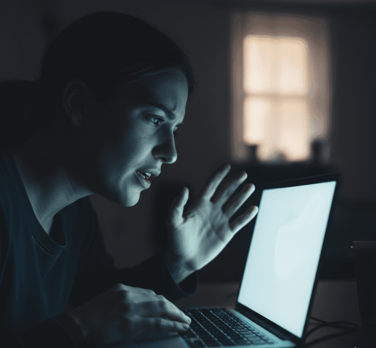 Młoda kobieta z wyrazem frustracji i zniechęcenia patrzy na świecący ekran laptopa w ciemnym pomieszczeniu, symbolizując kryzys w komunikacji wywołany przez **AI**.