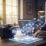 Copywriting dla fotografów. Aparat fotograficzny obok osoby pracującej na laptopie i tablecie, wizualizacja SEO i Core Web Vitals,