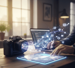 Copywriting dla fotografów. Aparat fotograficzny obok osoby pracującej na laptopie i tablecie, wizualizacja SEO i Core Web Vitals,