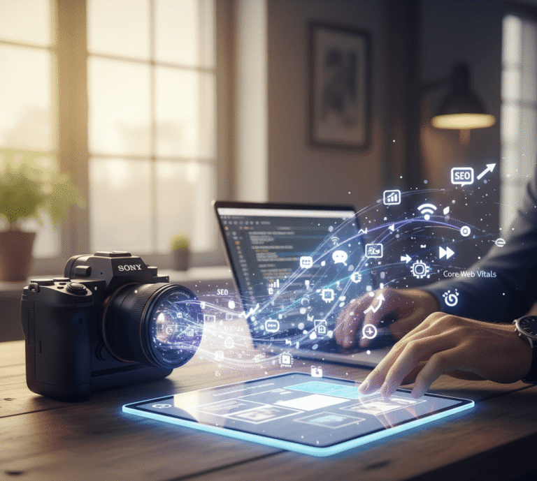 Copywriting dla fotografów. Aparat fotograficzny obok osoby pracującej na laptopie i tablecie, wizualizacja SEO i Core Web Vitals,