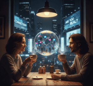 Autentyczna komunikacja: Para siedząca w kawiarni nocą, z bańką symbolizującą cyfrową samotność i media społecznościowe pomiędzy nimi.