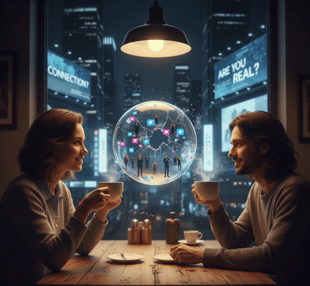 Autentyczna komunikacja: Para siedząca w kawiarni nocą, z bańką symbolizującą cyfrową samotność i media społecznościowe pomiędzy nimi.