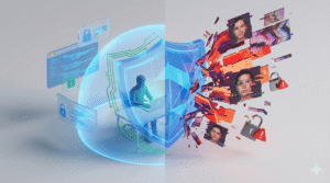 Ilustracja podzielona na pół, obrazująca bezpieczeństwo AI. Po lewej niebieska cyfrowa tarcza chroni sylwetkę człowieka przy laptopie. Po prawej czerwone, zglitchowane fragmenty twarzy (deepfake) i kłódki z wykrzyknikami rozbijają się o tarczę. Grafika do artykułu "Czy korzystanie z AI jest bezpieczne?".