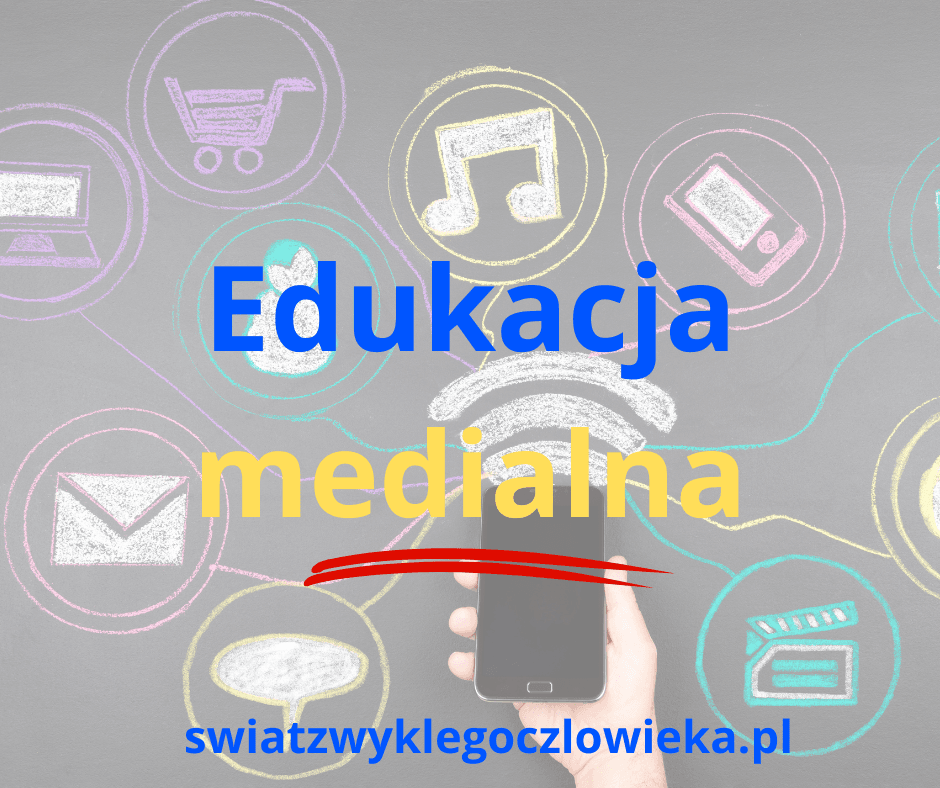Edukacja medialna. Rysunek kredą przedstawiający ikony Internetu i telefon w dłoni. Kluczowa rola edukacji medialnej w ocenie treści cyfrowych.