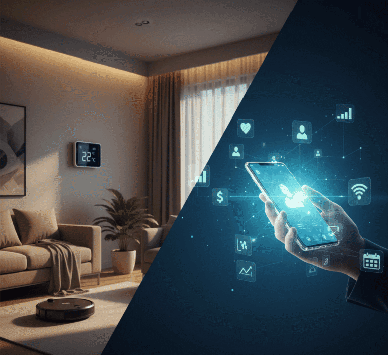 Fotografia nagłówkowa ukazująca, jak AI wpływa na nasze życie: domowe roboty sprzątające (Smart Home) i osoba korzystająca ze smartfona z nakładką cyfrowego asystenta (ikony zdrowia, finansów, kalendarza).