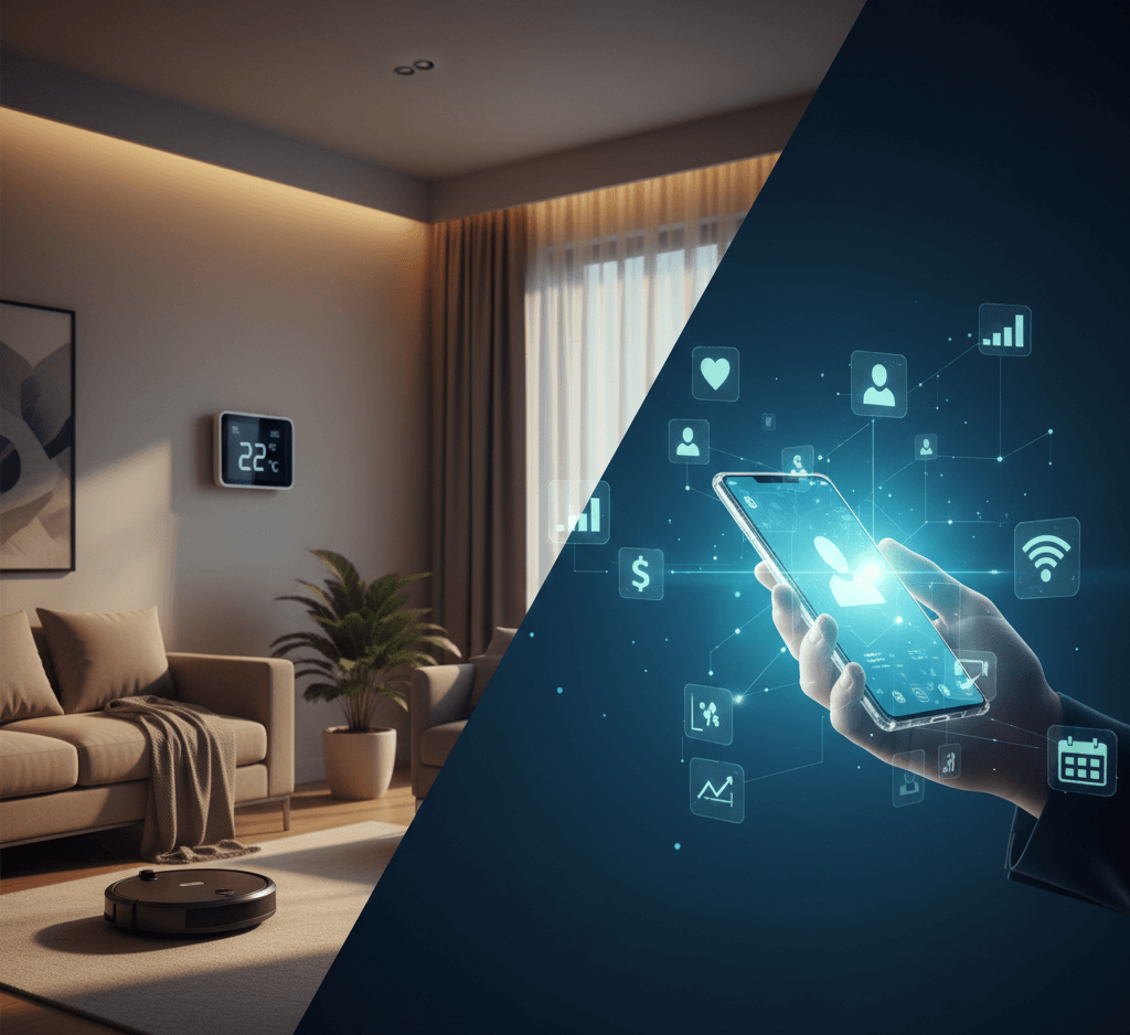 Fotografia nagłówkowa ukazująca, jak AI wpływa na nasze życie: domowe roboty sprzątające (Smart Home) i osoba korzystająca ze smartfona z nakładką cyfrowego asystenta (ikony zdrowia, finansów, kalendarza).