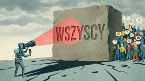 Manipulacja w mediach – grafika symboliczna. Wielki kamienny napis WSZYSCY oświetlony przez kamerę zasłania różnorodny tłum ludzi.