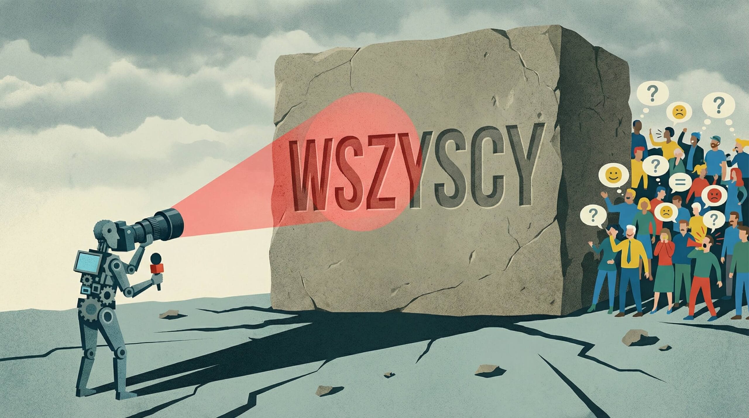 Manipulacja w mediach – grafika symboliczna. Wielki kamienny napis WSZYSCY oświetlony przez kamerę zasłania różnorodny tłum ludzi.
