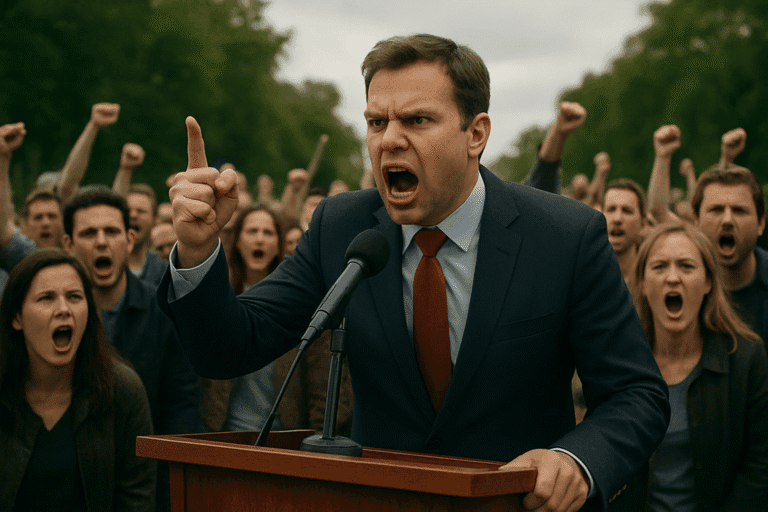 Polityk na mównicy, krzyczący hasła, których głównym przekazem jest mowa nienawiści do wzburzonego tłumu.