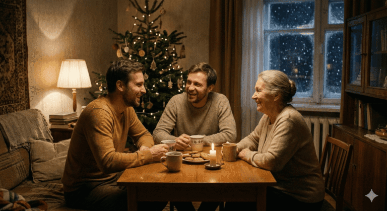 Magia bliskości – ludzie rozmawiający przy stole w ciepłej, świątecznej atmosferze