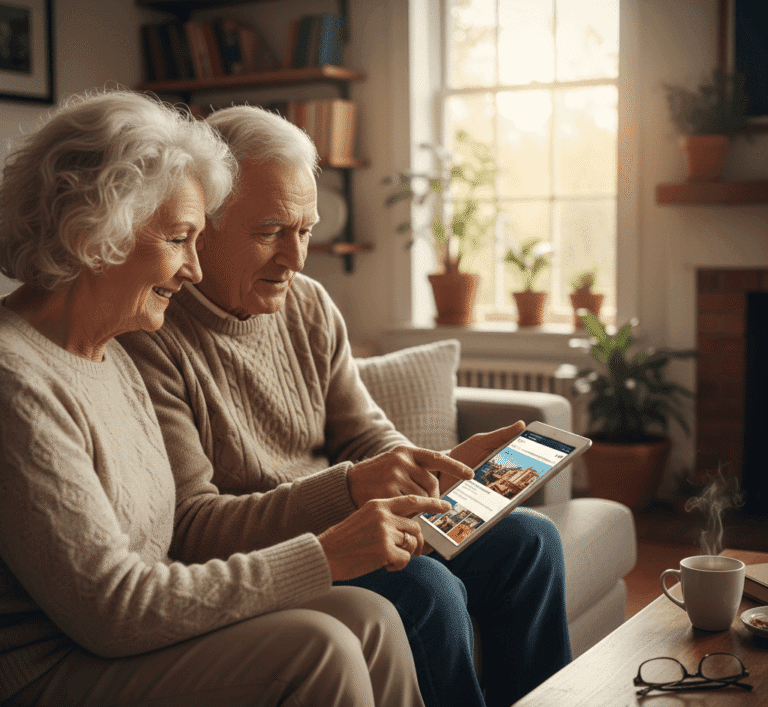 Bezpieczeństwo seniorów w internecie. Para seniorów wspólnie przegląda bezpiecznie internet.