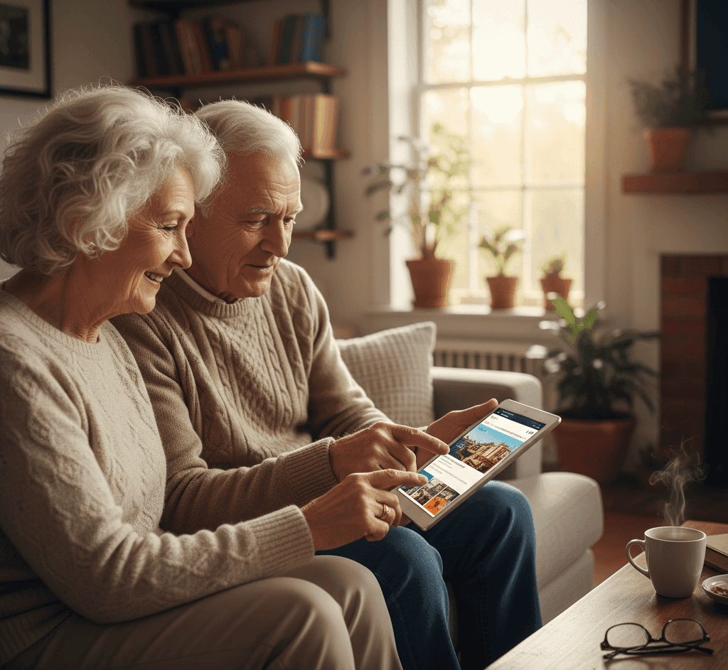 Bezpieczeństwo seniorów w internecie. Para seniorów wspólnie przegląda bezpiecznie internet.