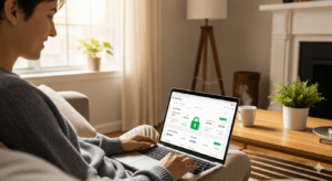 Oszustwa w internecie - bezpieczeństwo w sieci – zwykły człowiek bezpiecznie korzysta z komputera w domu.