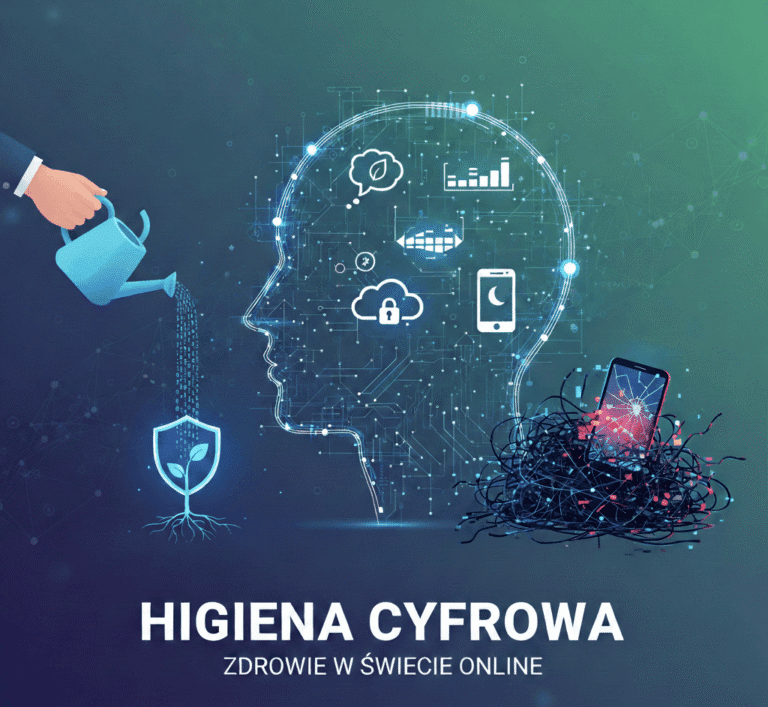 Higiena cyfrowa. Głowa człowieka zapełniona powiadomieniami medialnymi.