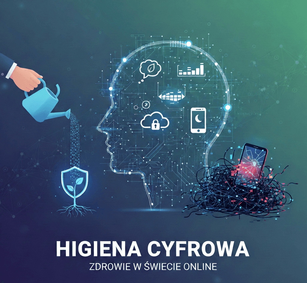 Higiena cyfrowa. Głowa człowieka zapełniona powiadomieniami medialnymi.