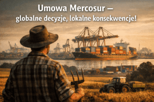 Umowa Mercosur - rolnik patrzący na dopływające kontenerowce