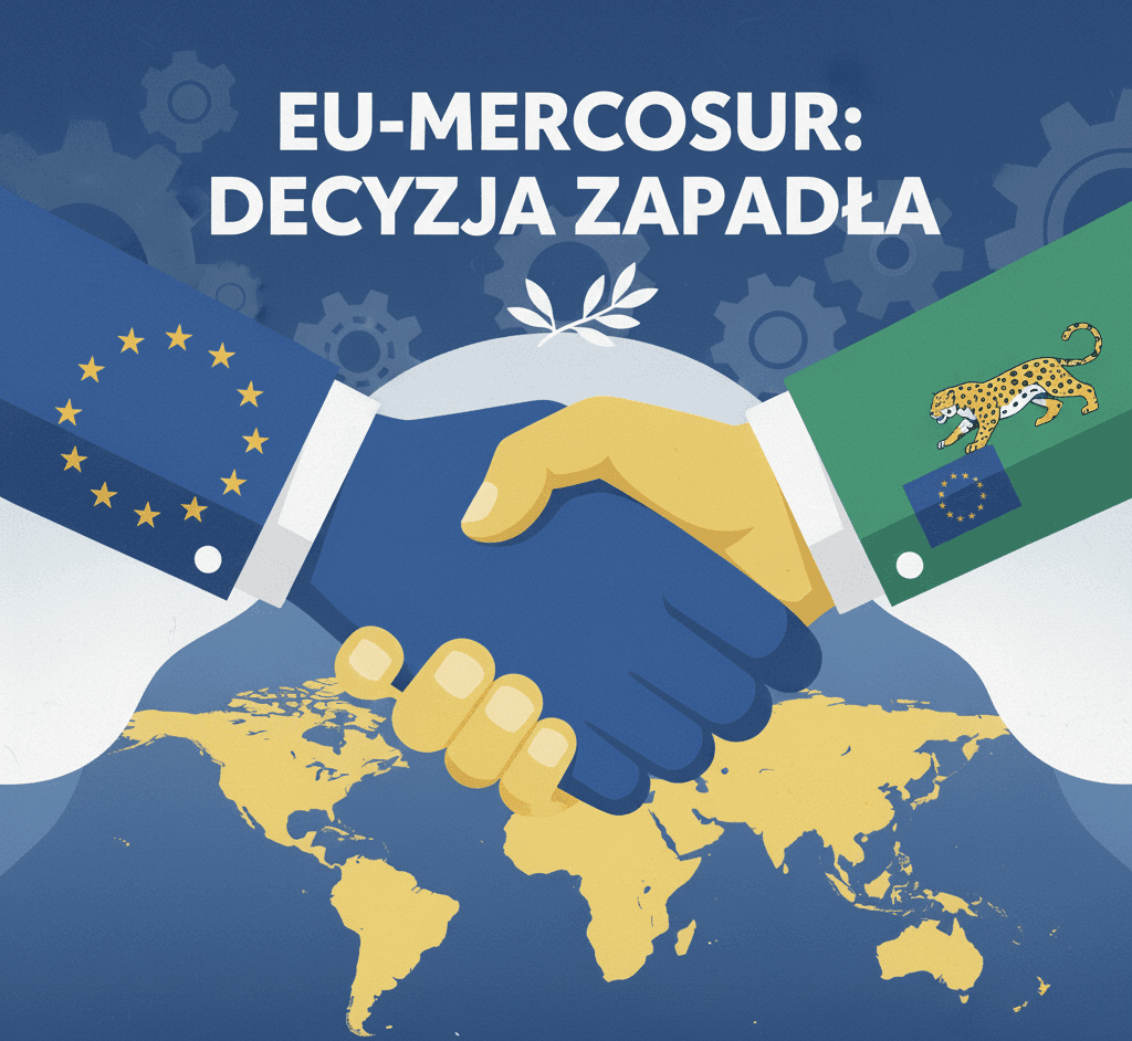 Umowa Mercosur -grafika przedstawia symboliczne podanie sobie rąk przez UE oraz Mercosur