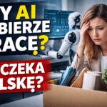 Czy AI zabierze pracę w Polsce – obraz przedstawia zaniepokojoną pracownicę biurową obserwującą robota wykonującego jej zadania