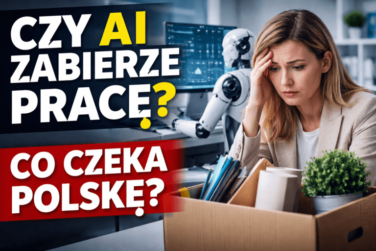 Czy AI zabierze pracę w Polsce – obraz przedstawia zaniepokojoną pracownicę biurową obserwującą robota wykonującego jej zadania