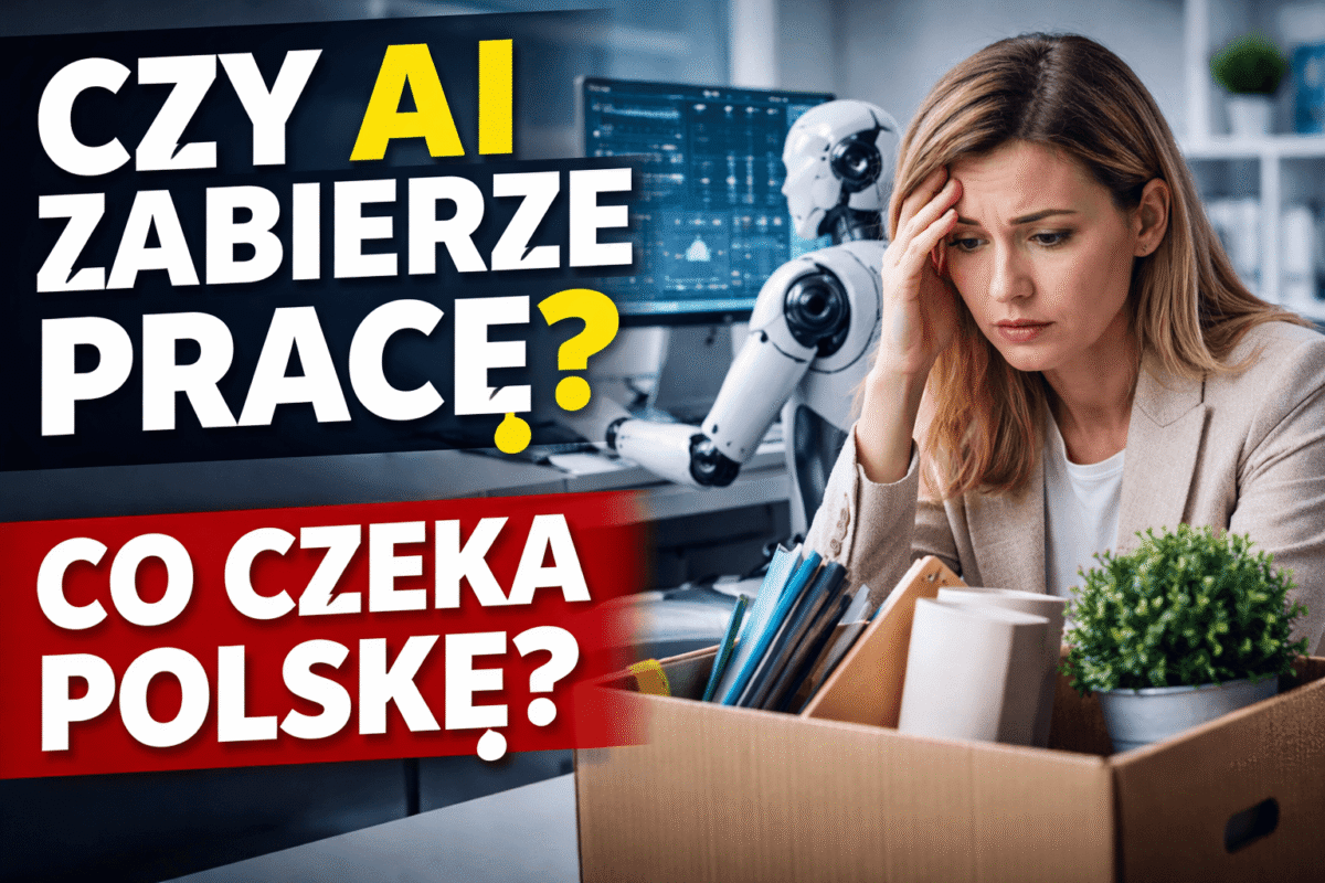 Czy AI zabierze pracę w Polsce – obraz przedstawia zaniepokojoną pracownicę biurową obserwującą robota wykonującego jej zadania