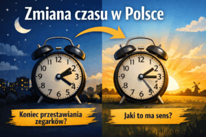 Zmiana czasu w Polsce. Grafika przedstawiająca zmianę czasu w Polsce, pokazująca zegary przed i po przesunięciu czasu, dzień i noc, wpływ na sen i rytm dnia.