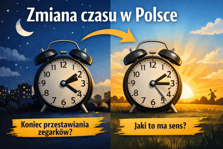 Zmiana czasu w Polsce. Grafika przedstawiająca zmianę czasu w Polsce, pokazująca zegary przed i po przesunięciu czasu, dzień i noc, wpływ na sen i rytm dnia.