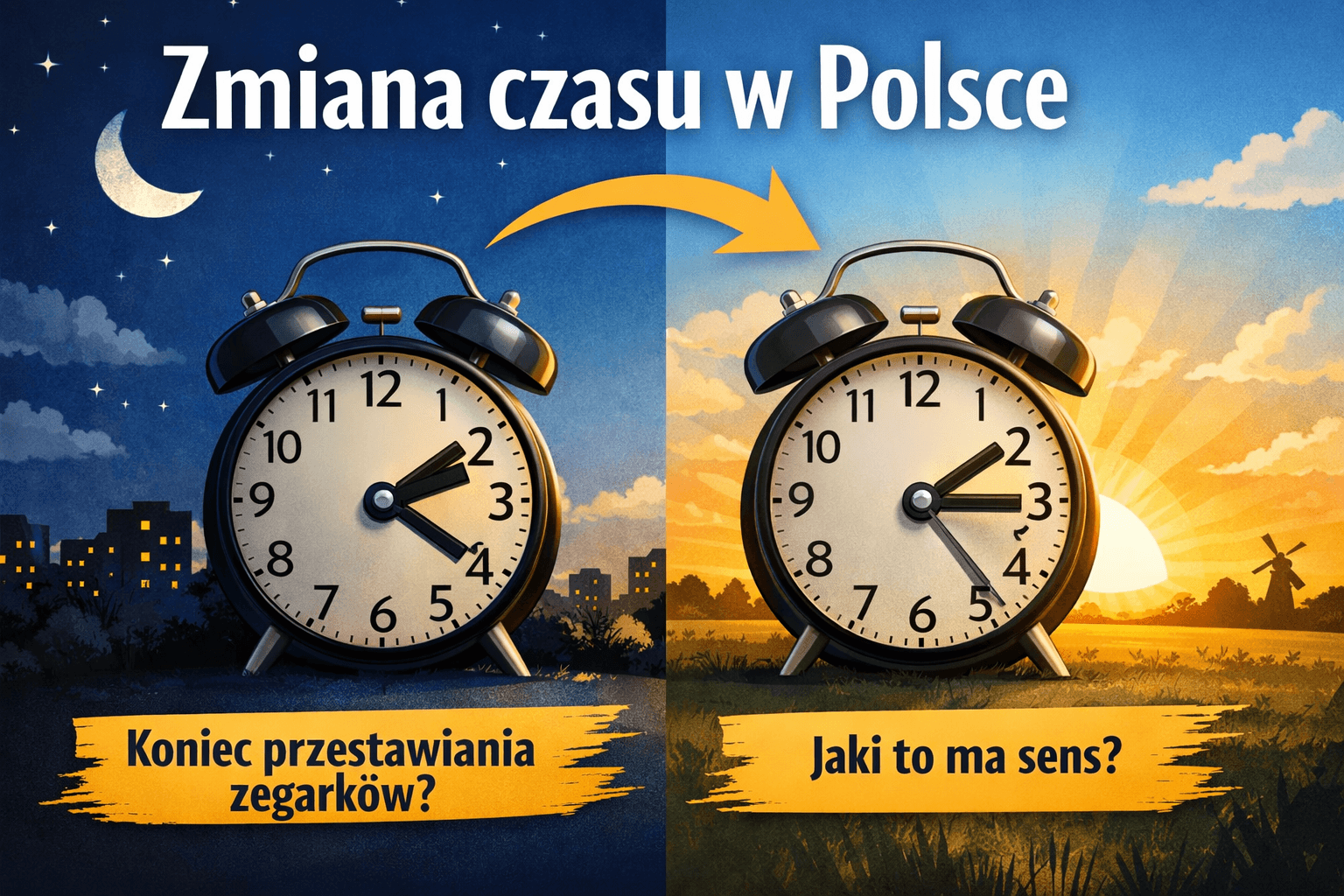 Zmiana czasu w Polsce. Grafika przedstawiająca zmianę czasu w Polsce, pokazująca zegary przed i po przesunięciu czasu, dzień i noc, wpływ na sen i rytm dnia.