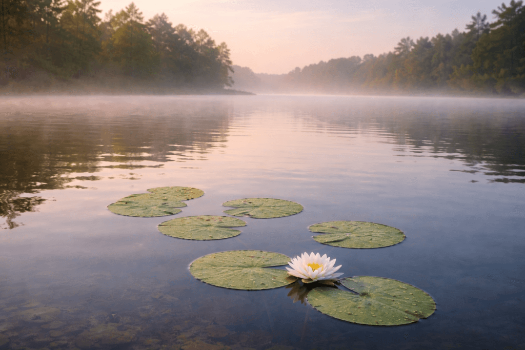 stoje-w-miejscu Spokojna zatoczka z liliami wodnymi, ilustrująca metaforę rzeki i fakt, że stanie w miejscu może być bezpieczną przystanią.
