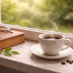 Stoję w miejscu. Kubek parującej kawy i otwarta książka na parapecie; obraz pokazujący, że świadome stanie w miejscu i odpoczynek to wartościowy wybór.