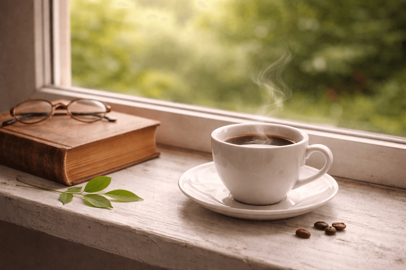 Stoję w miejscu. Kubek parującej kawy i otwarta książka na parapecie; obraz pokazujący, że świadome stanie w miejscu i odpoczynek to wartościowy wybór.
